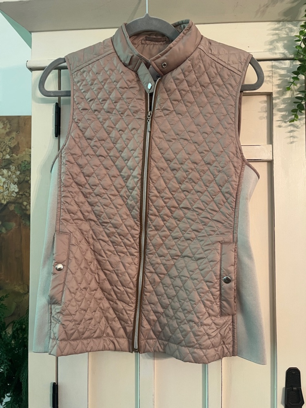 Christopher Mobley Quilted Sleeveless Vest in Taupe with Stand Collar Small
